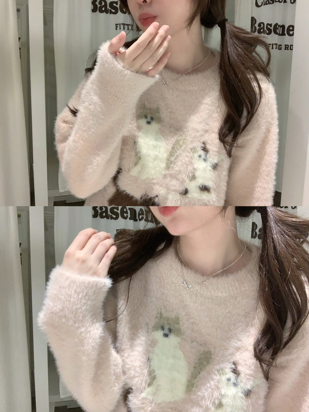💕chic簡約溫柔保暖貓咪貂毛圓領針織衫