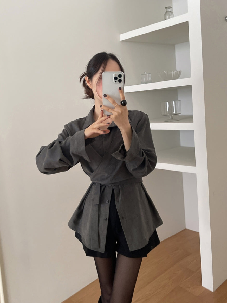 💕韓系秋冬交叉綁帶假兩件百搭襯衫上衣