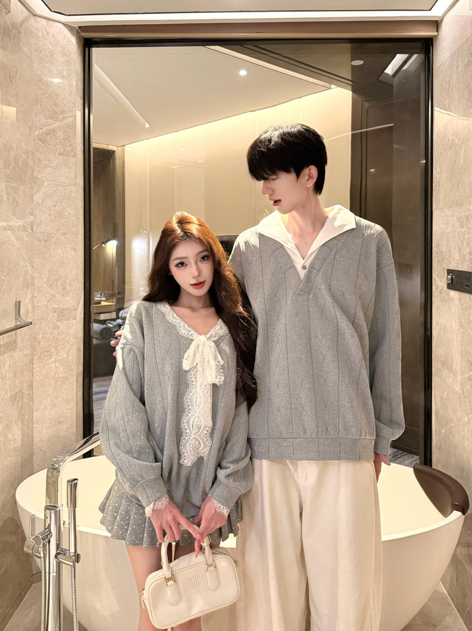 💕溫柔甜美蕾絲拼接慵懶休閒情侶套裝