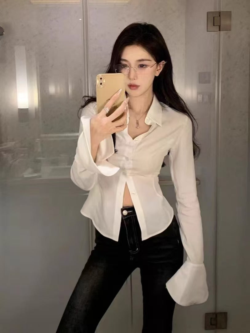 💕高級感西裝領長袖不規則褶皺襯衫