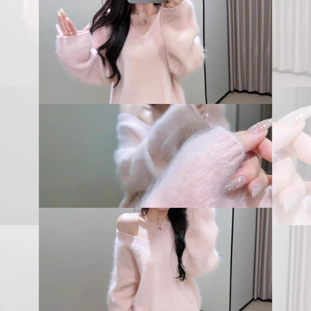 💕溫柔軟糯fufu馬海毛v領寬鬆慵懶上衣