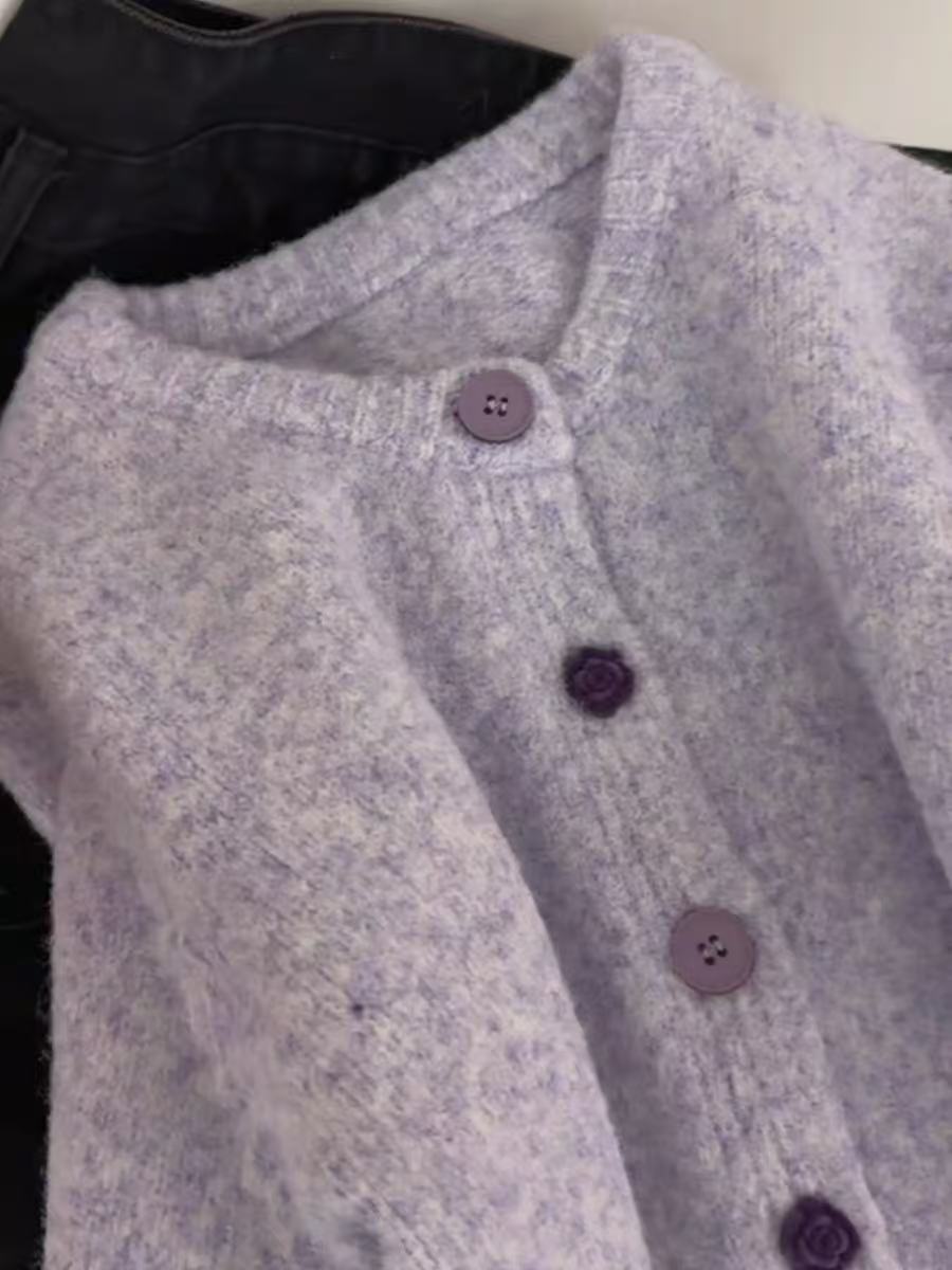 💕溫柔淡色香芋紫色慵懶毛衣開衫外套