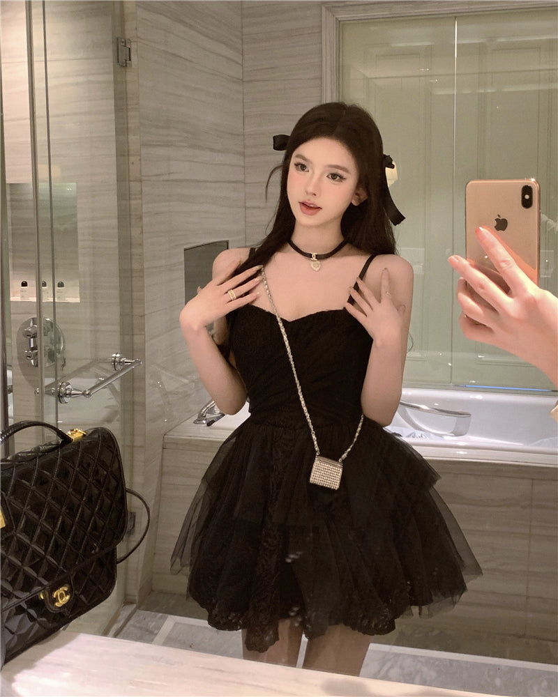 💕氣質黑色刺繡網紗連衣澎澎短裙