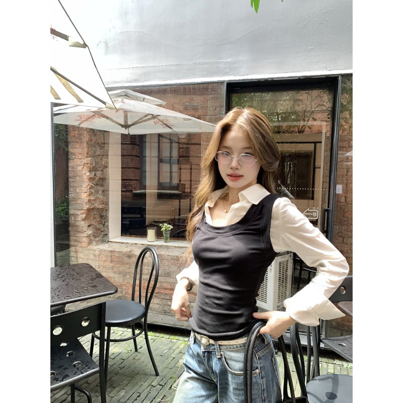 💕韓系學院風撞色假兩件襯衫上衣