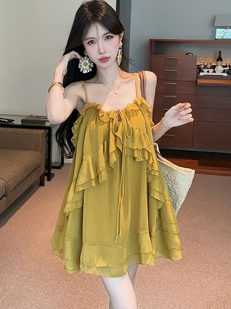 💕氣質重工吊帶荷葉邊不規則連衣裙