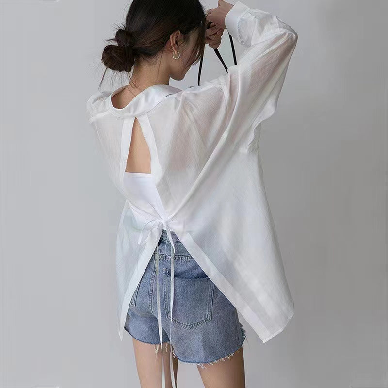 💕夏季天絲小眾薄款開衩防曬襯衫