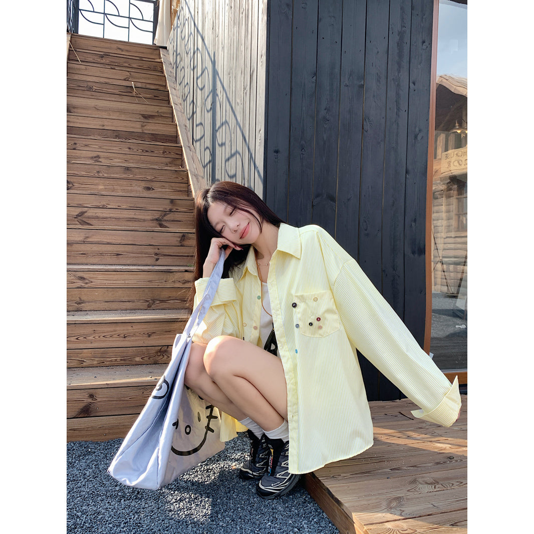 💕青春寬鬆百搭別緻彩色鈕扣條紋襯衫