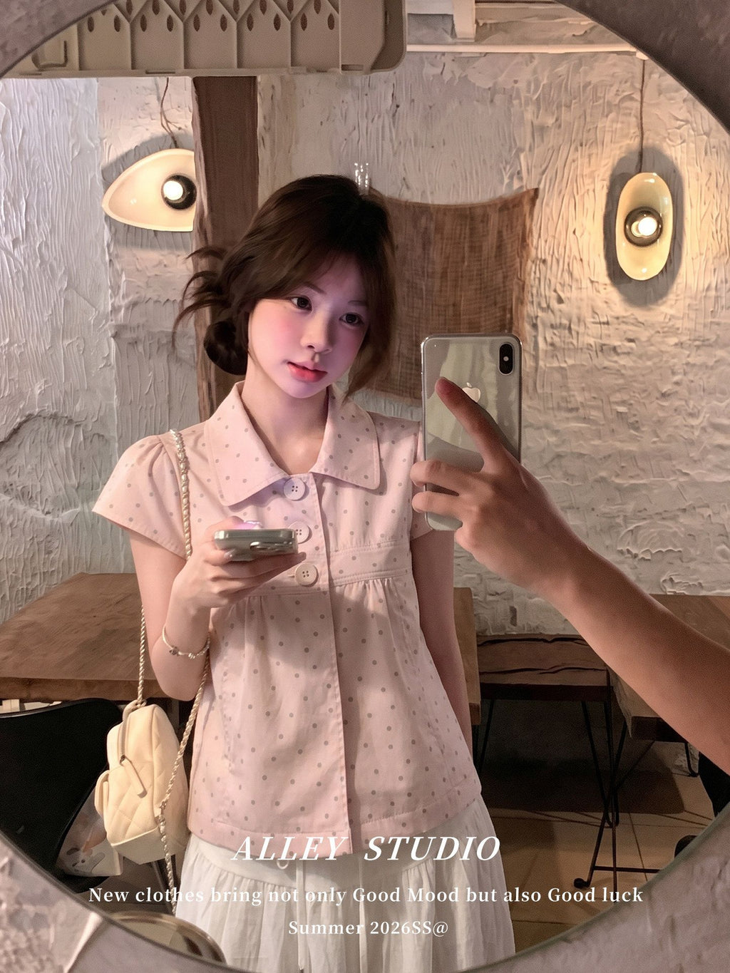💕韓系甜美粉色飛機袖點點減齡襯衫