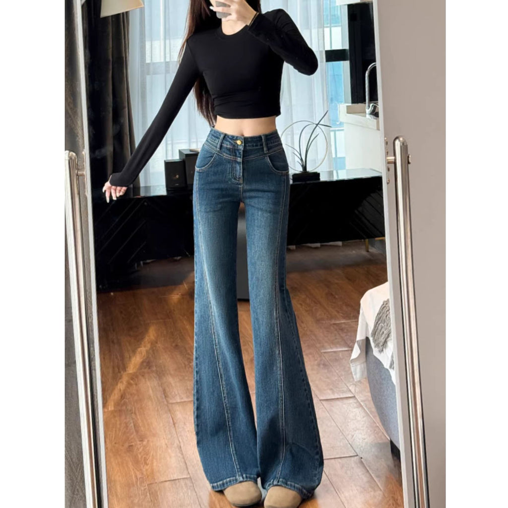 💕美式氣質小個子彈力藍色微喇叭牛仔長褲
