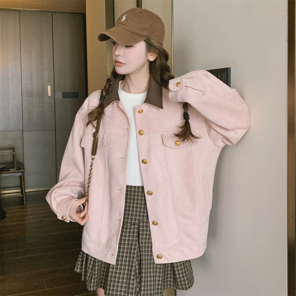💕韓系甜美溫柔粉色麂皮絨短款休閒夾克外套