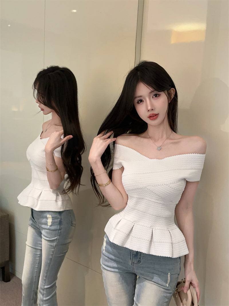 💕一字肩荷葉邊彈力繃帶修身單品上衣