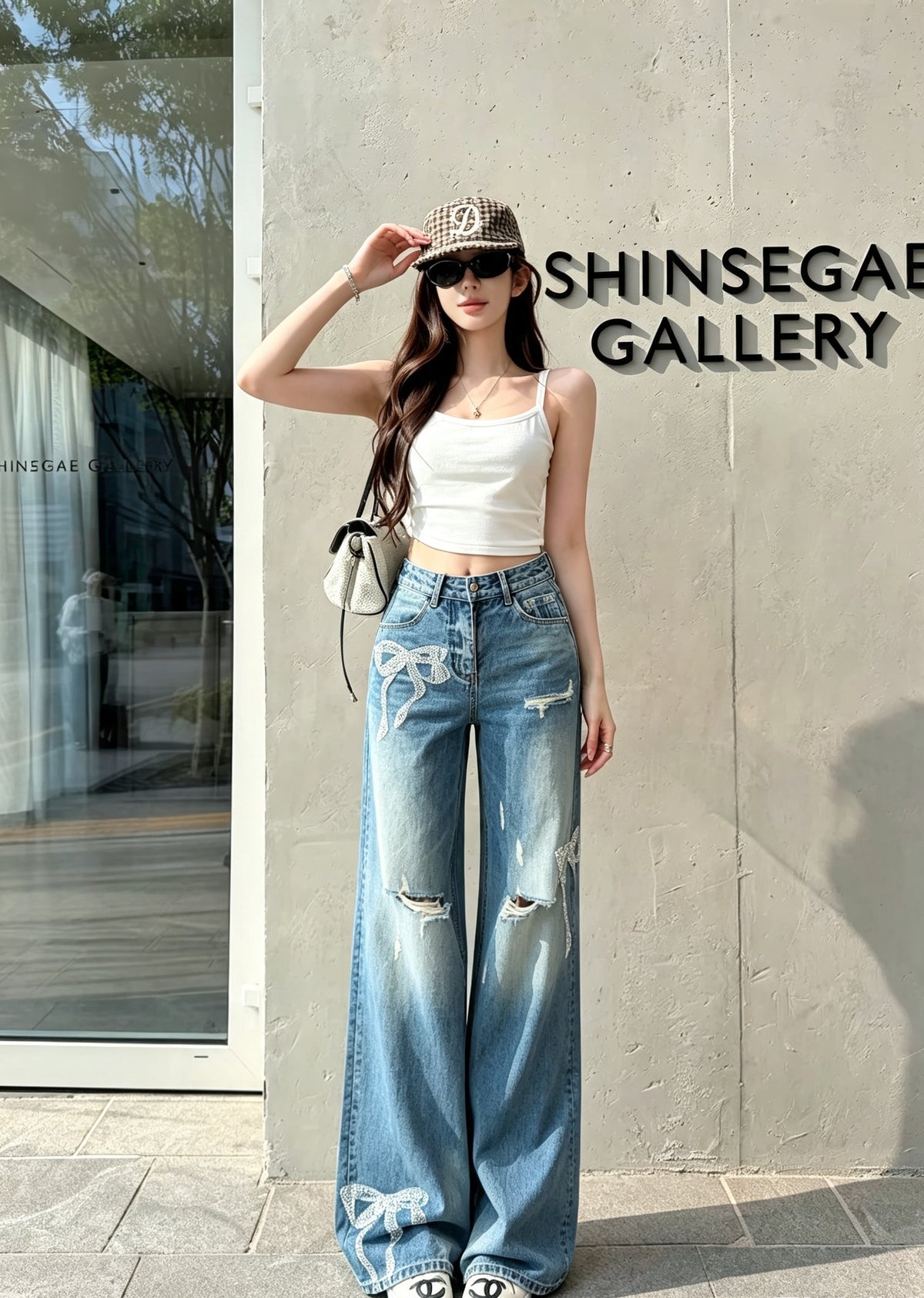 💕韓系蝴蝶結印花燙鑽直筒牛仔顯瘦破洞長褲