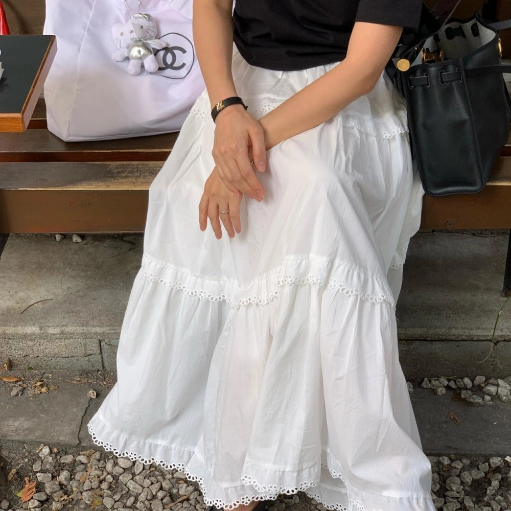 💕韓系東大門復古高腰拼接蕾絲邊蛋糕休閒長裙