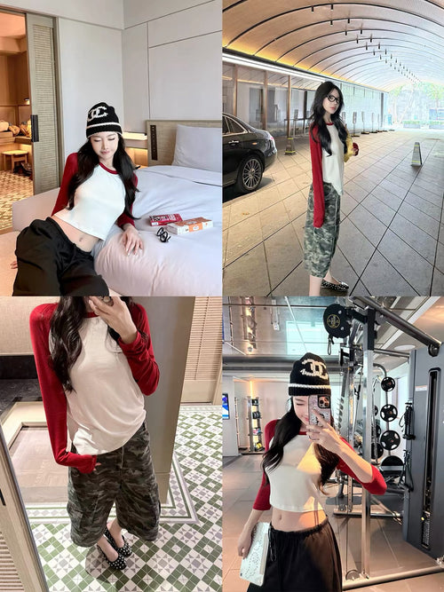💕休閒百搭撞色短款露臍長袖上衣