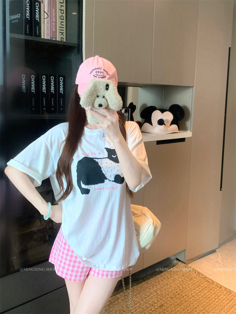💕居家貓咪印花圓領T+格子短褲兩件套