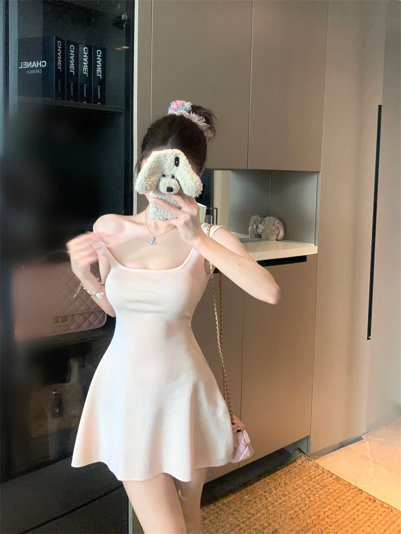 💕夏季法式方領針織連衣包臀短裙