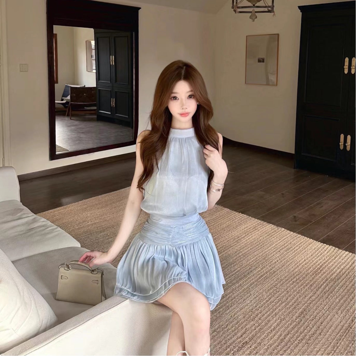 💕法式溫柔無袖掛脖連衣裙