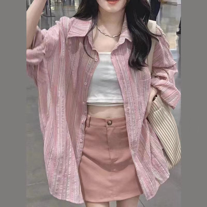 💕氣質溫柔細粉色條紋襯衫外套外搭