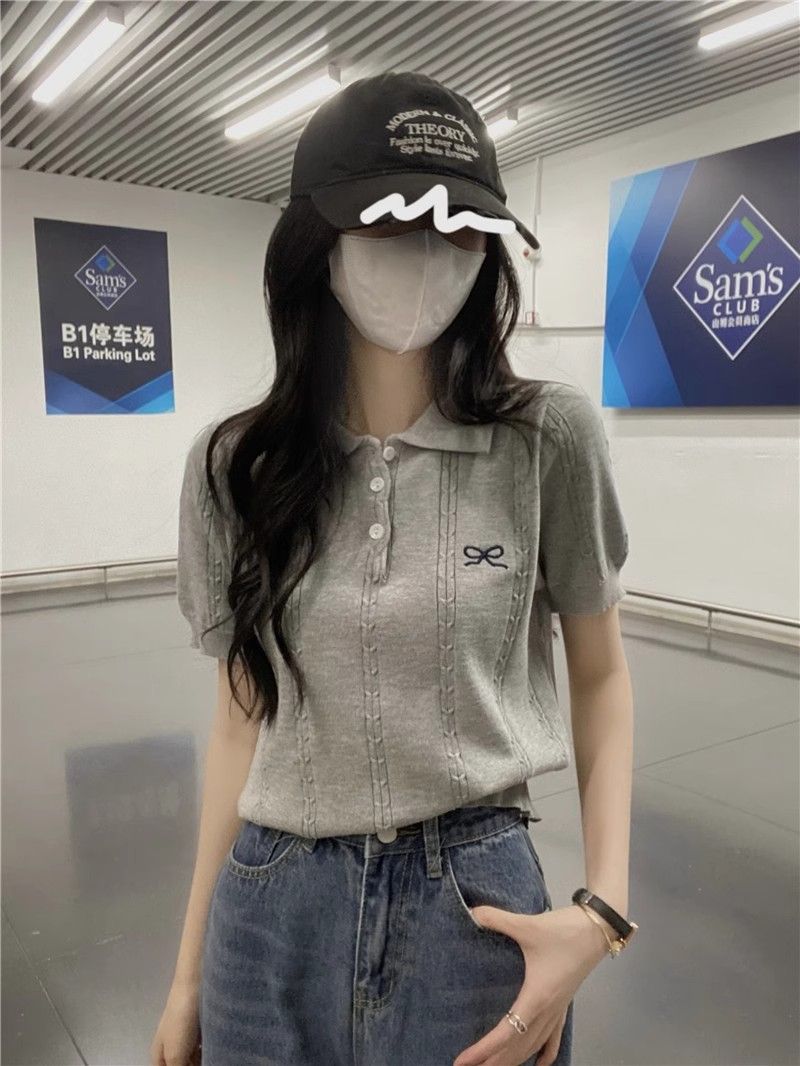 💕百搭甜美POLO領蝴蝶結刺繡針織衫