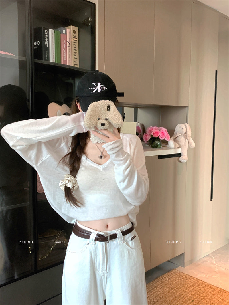 💕寬鬆薄款軟糯柔軟V領針織上衣
