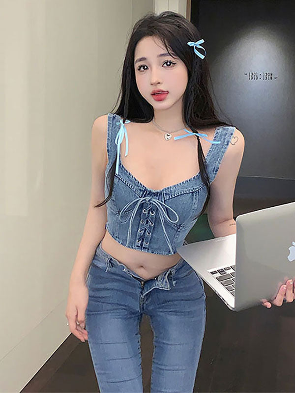 💕時尚辣妹綁帶牛仔背心