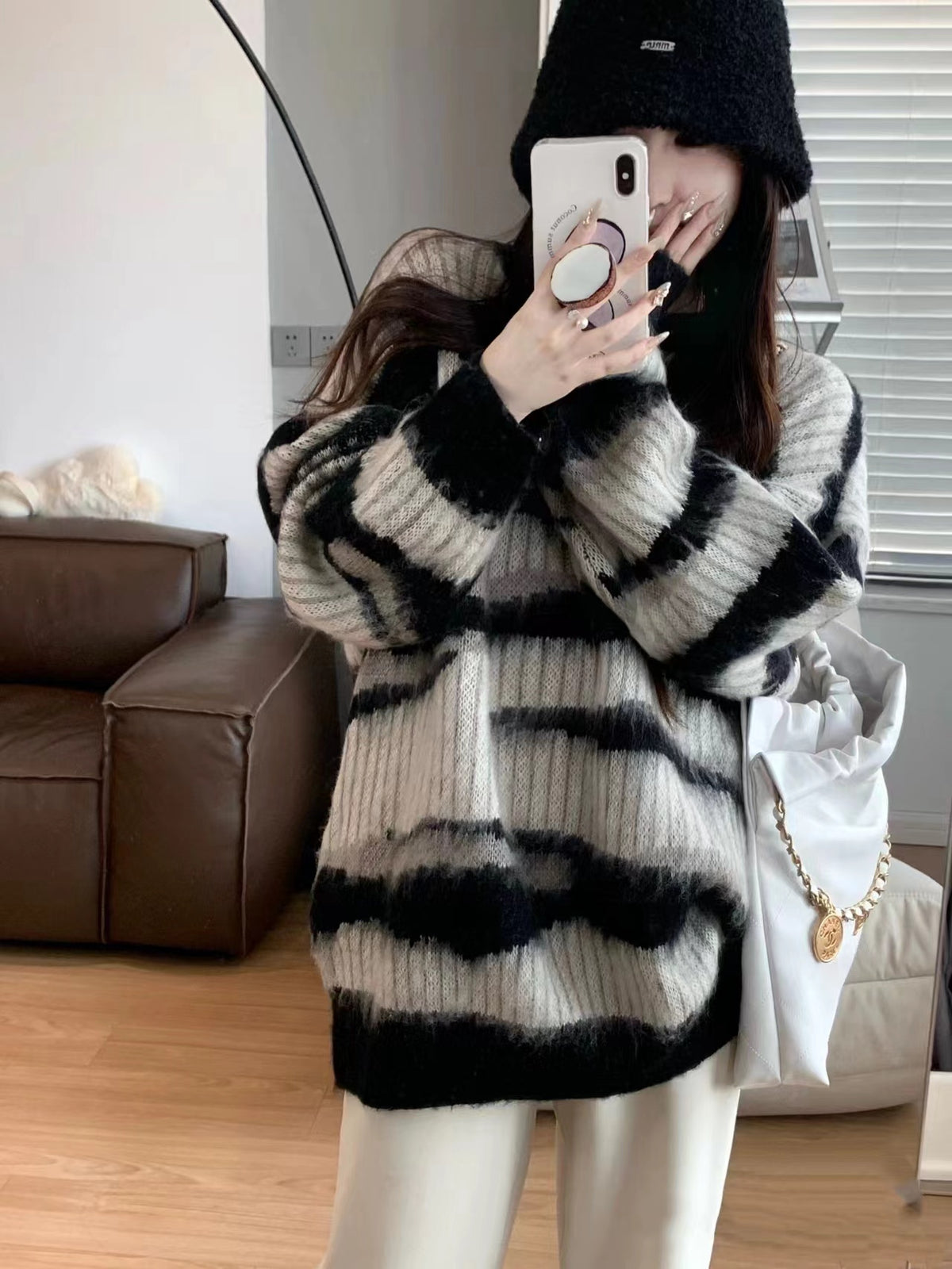 💕韓系ins秋冬撞色條紋慵懶中長毛衣針織衫