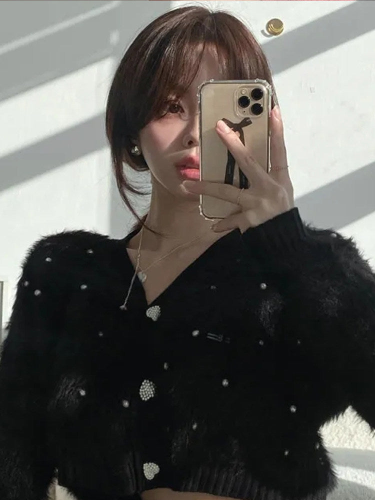 💕韓版釘珠愛心扣仿水貂絨毛衣針織衫