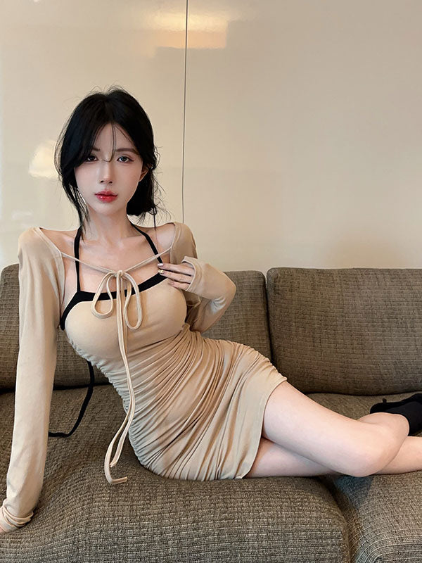 💕拚色系繩多種穿法包臀連身短裙+長袖短款罩衫兩件套