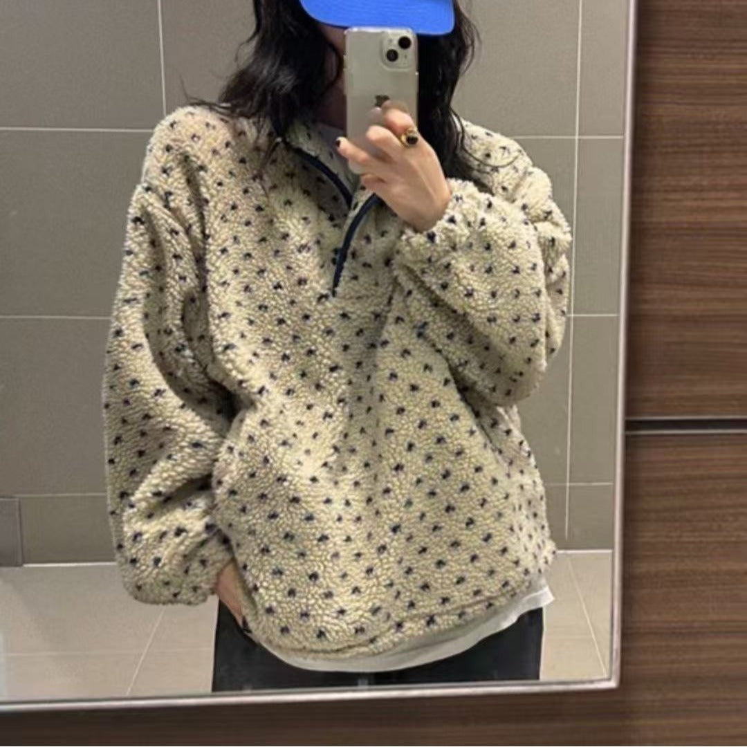 💕ins風立領點點搖粒絨休閒寬鬆衛衣