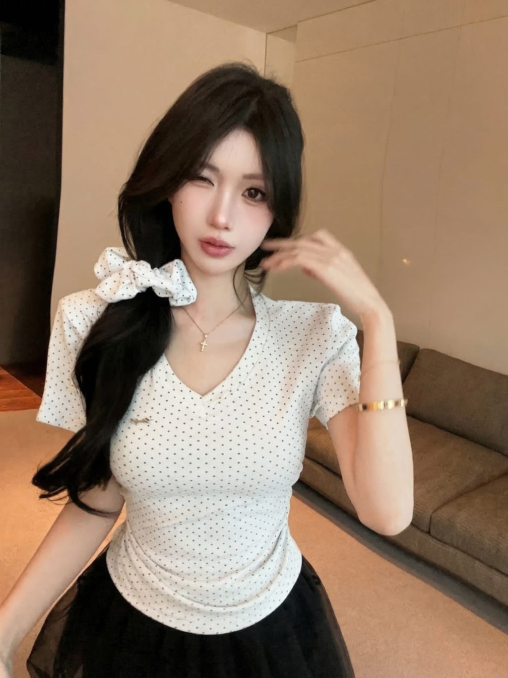💕氣質星星點點V領短袖上衣