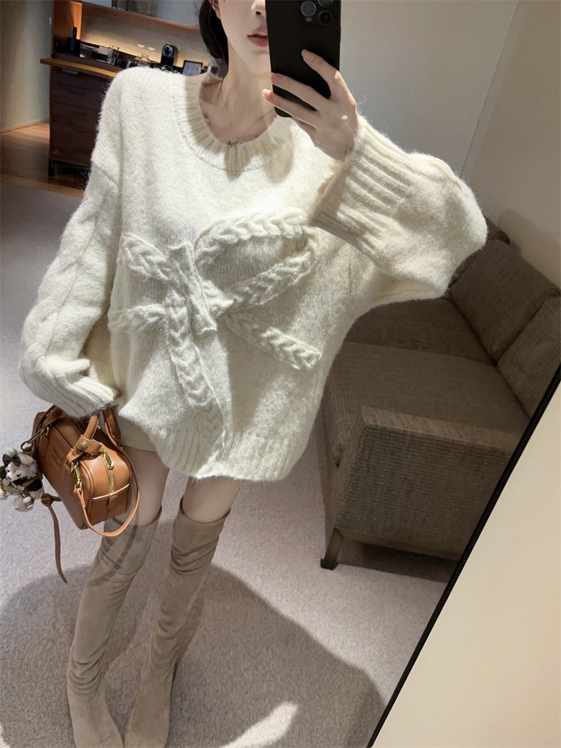 💕復古慵懶高級感軟糯蝴蝶結圓領上衣