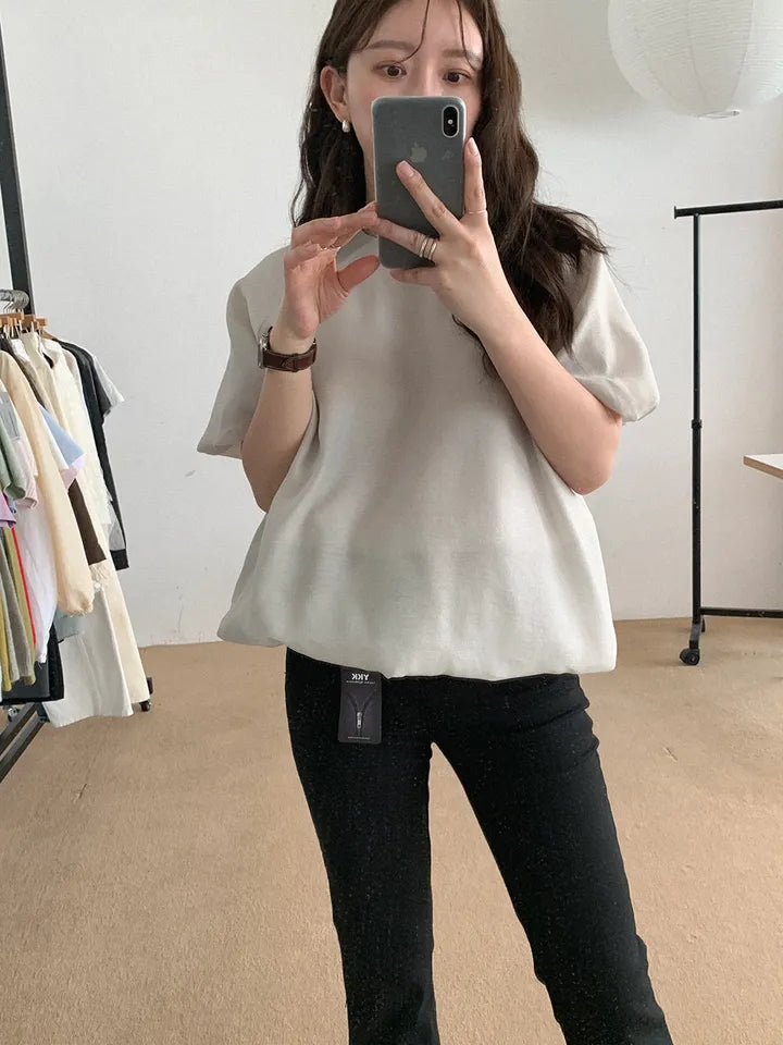 💕溫柔氣質簡約泡泡袖寬鬆顯瘦花苞衫上衣
