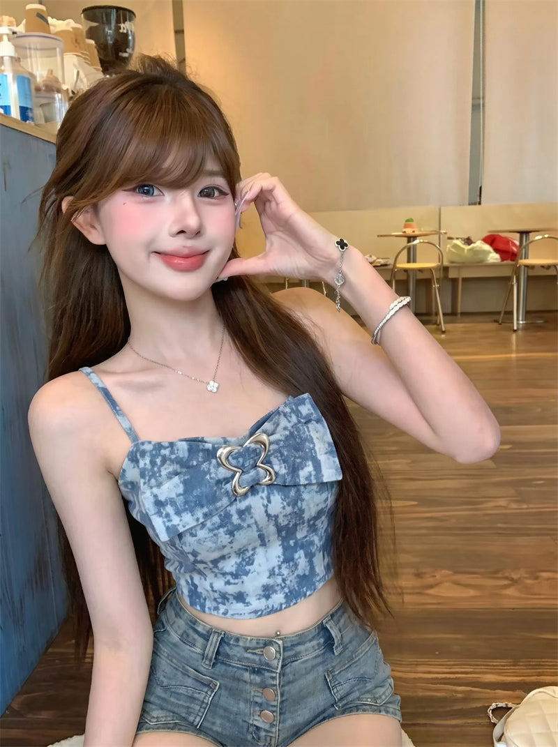 💕時尚辣妹性感牛仔藍扎染吊帶背心
