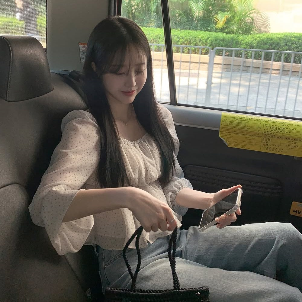 💕ins系法式方領碎花收腰泡泡袖雪紡上衣