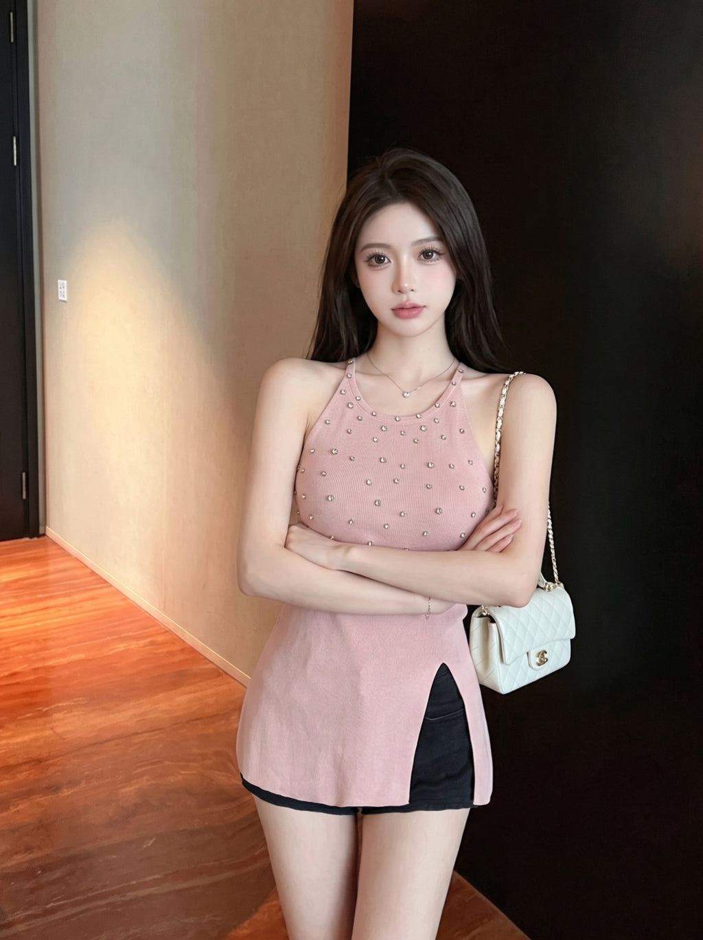 💕法式氣質重工鑲鑽掛脖針織無袖開衩收腰上衣