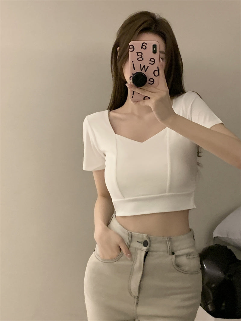 💕方領百搭露鎖骨顯瘦短版露臍上衣