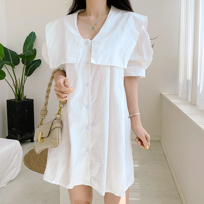 💕夏季甜美減齡單排釦娃娃襯衫連衣裙