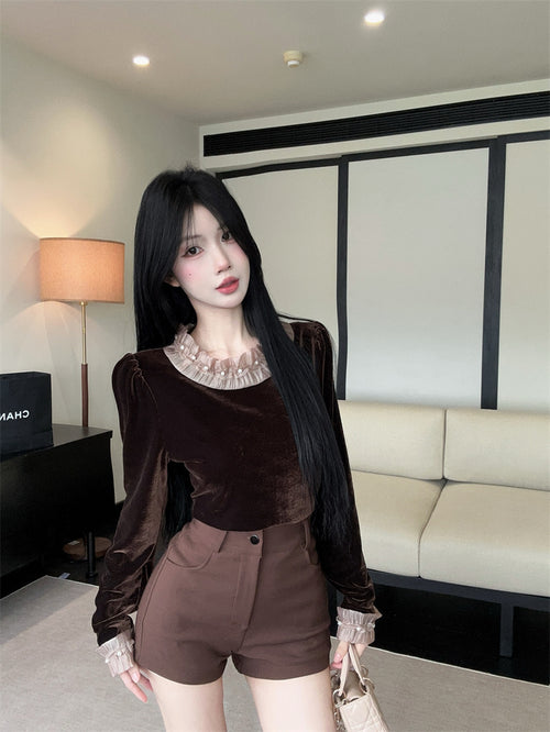 💕chic韓系小個子泡泡袖絲絨上衣
