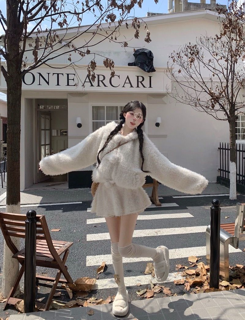 💕超可愛軟糯毛絨絨小熊保暖外套+半裙套裝