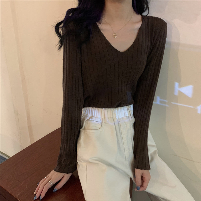 💕簡約百搭通勤V領針織打底修身顯瘦上衣