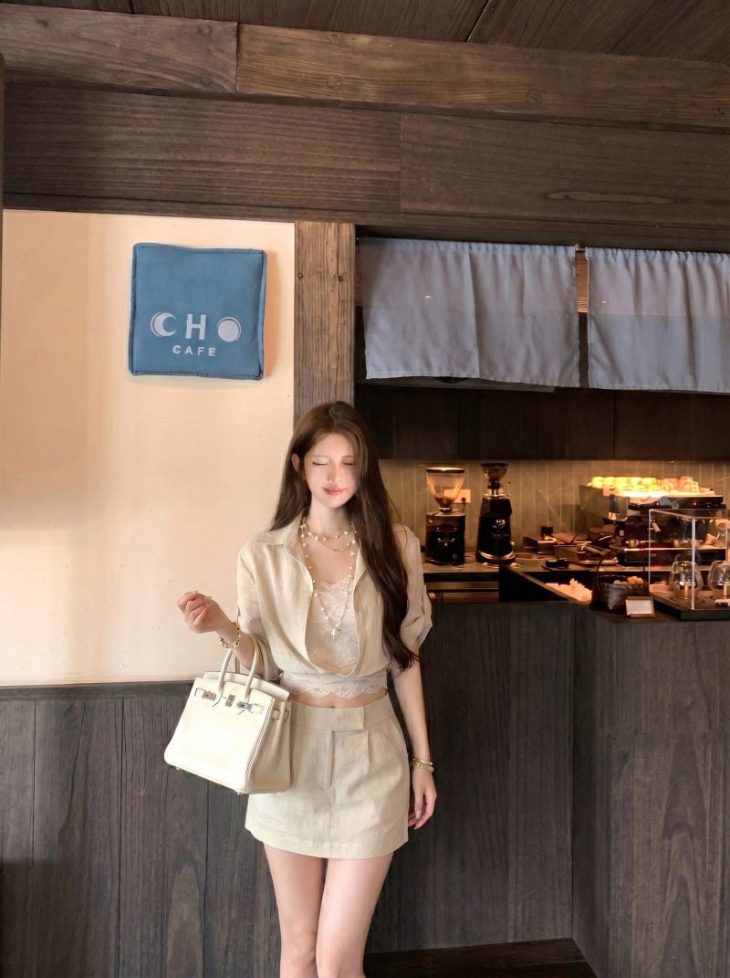 💕法式老錢風蕾絲拼接假兩件襯衫套裝