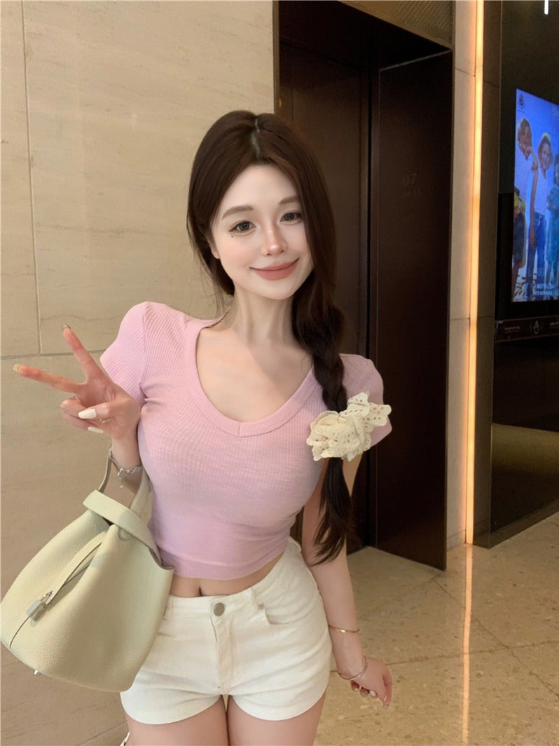 💕韓系簡約顯胸大彈力修身短袖T袖