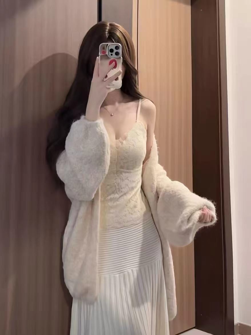💕韓系秋冬慵懶寬鬆V領針織毛衣背心半身裙三件套