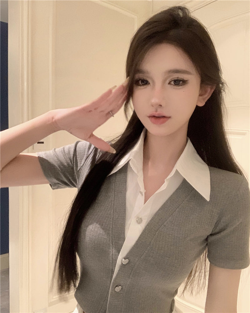💕韓系氣質假兩件翻領修身短款針織衫