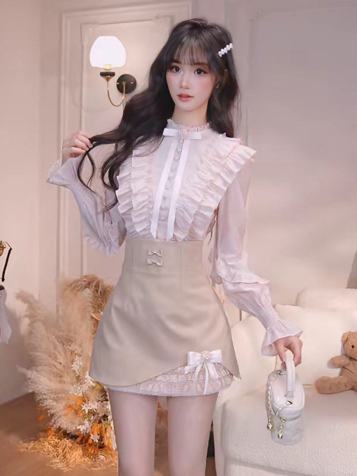 💕chic韓系富家千金氣質襯衫半身裙兩件套