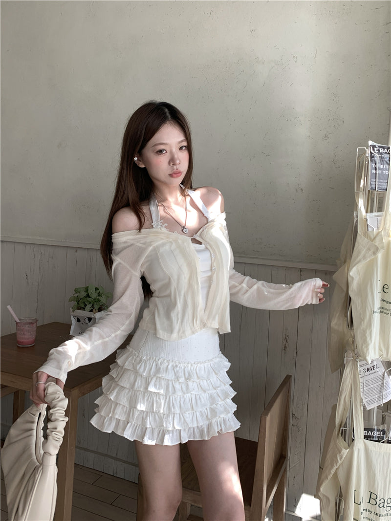 💕氧氣感貴氣羊毛長袖掛脖吊帶背心兩件套