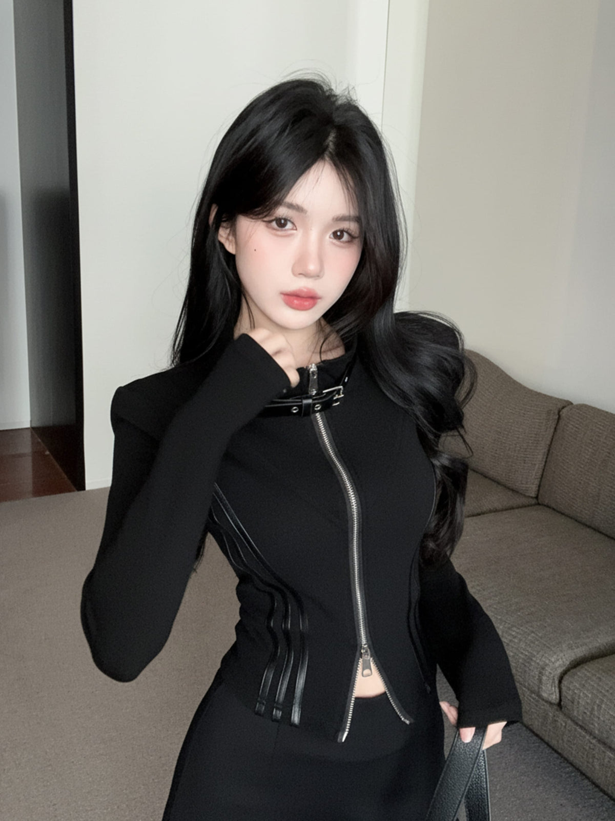💕甜酷颯設計長袖翻領雙拉鍊顯瘦外套