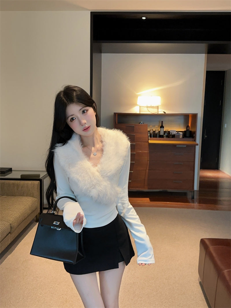 💕純欲辣妹毛領拼接V領長袖修身上衣