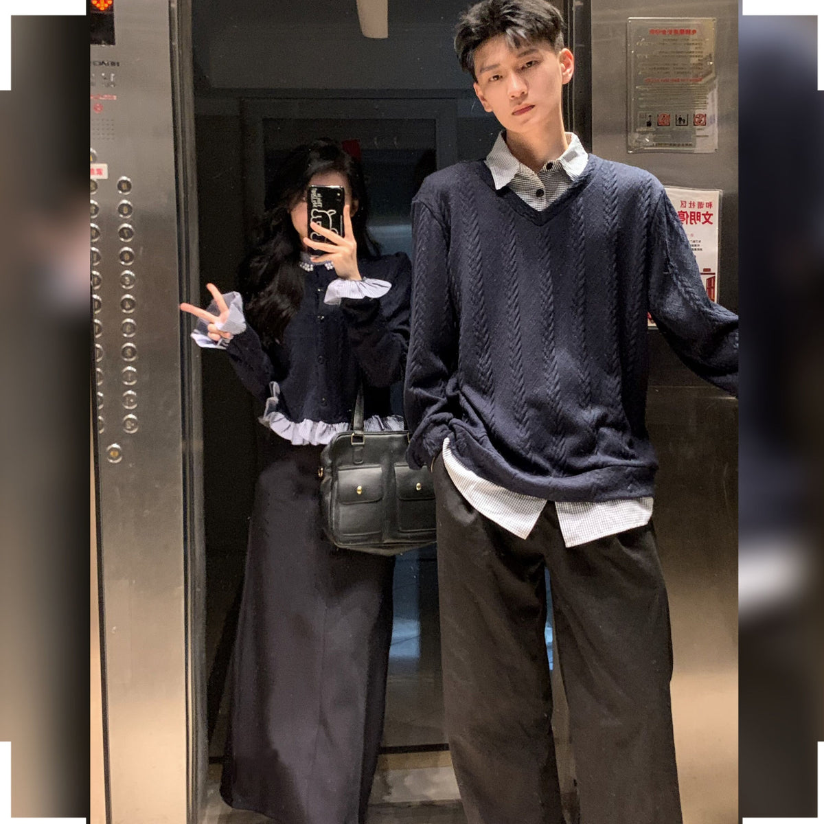 💕秋冬法式梨形長袖拼接假兩件情侶套裝