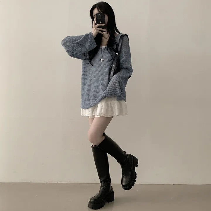 💕韓系寬鬆慵懶V領防曬罩衫針織毛衣